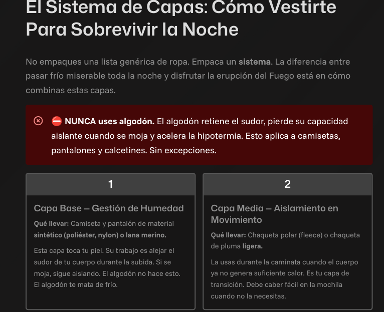 Página de la guía sobre el sistema de capas para vestirse en el ascenso