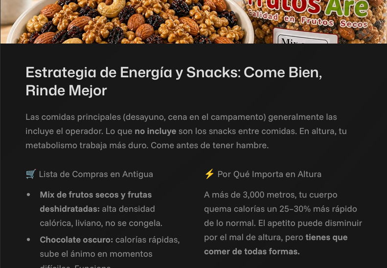 Página de la guía sobre estrategia de energía y snacks en altura